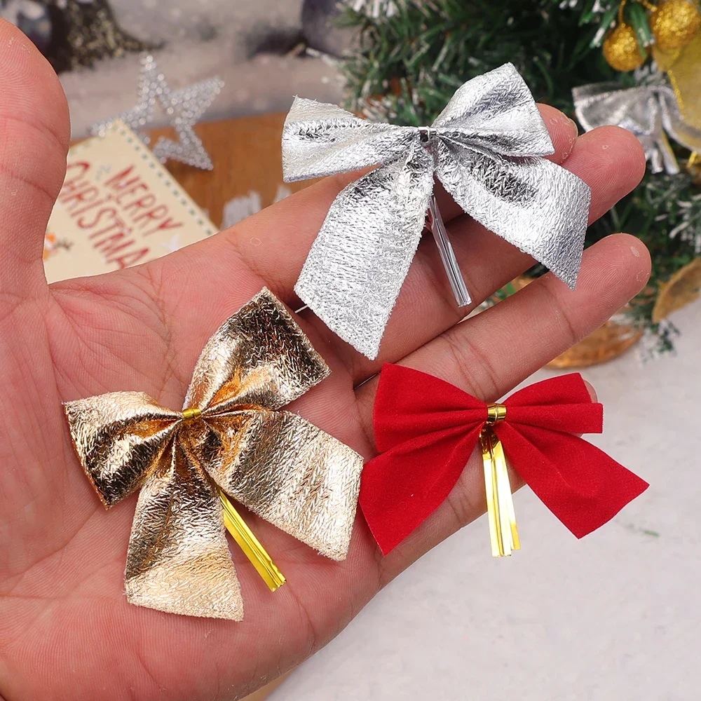 12/120Pcs Christmas Decoration Bows Red Gold Xmas Tree Bowknots Pendant Ornaments For Home Decor Navidad New Year Party Gifts