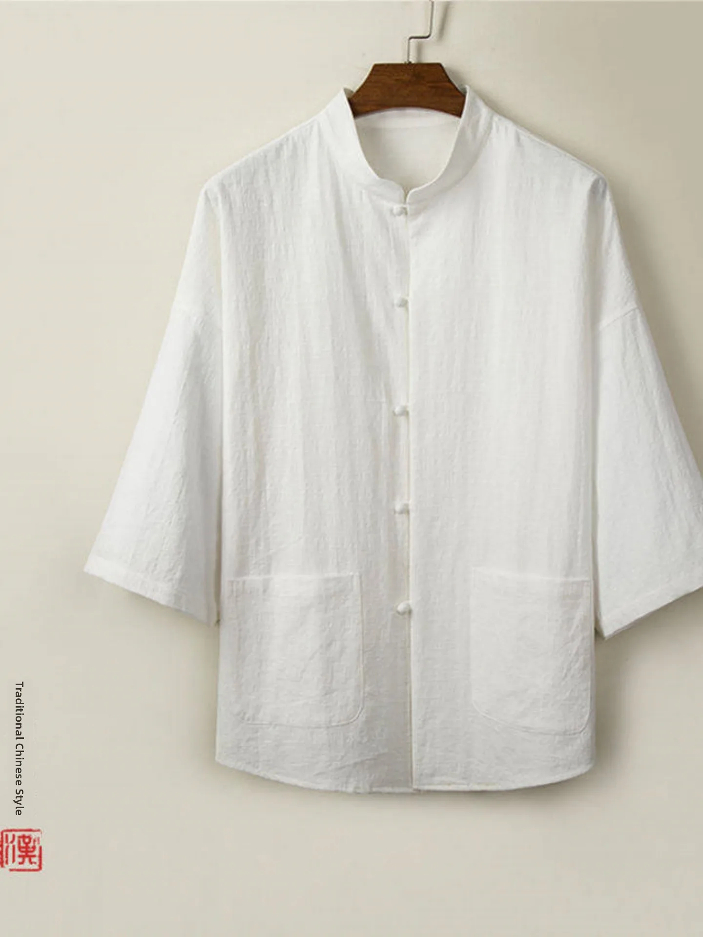 

Мужская свободная повседневная рубашка из хлопка и льна с воротником-стойкой на пуговицах, в стиле танк-костюм, с рукавом 3/4, модная, брендовая, молодежная, летняя, тонкая