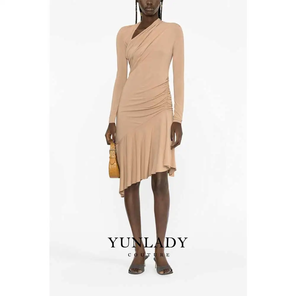

YUNLAN Sexy Black Ladies Non-standard Collar Light Brown Tight Midi Evening Dress 2024 Middle East Wedding Party Mother's Dress