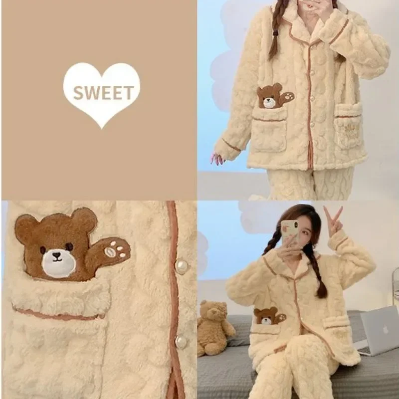 Women Pajamas Thickened Warm Coral Plush Girls Loungewear Sets Cartoon Autumn Winter Famale Sleep Clothes Flannel Homewear Suit