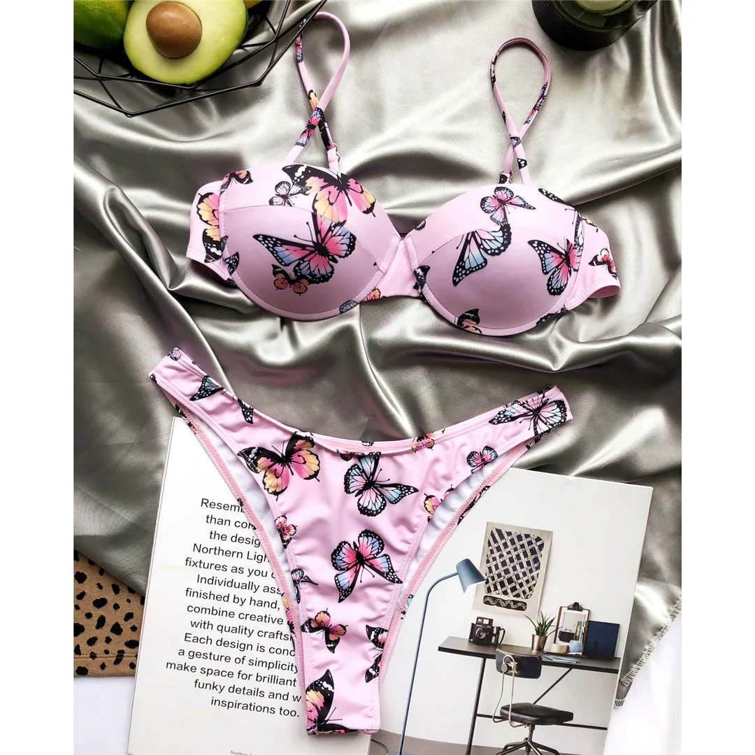 Bikini mit Bügel, Push-up-Effekt, Damen-Badebekleidung, zweiteiliges Bikini-Set, mit Schmetterlingsmuster, Badeanzug, Schwimmbekleidung V3200 – Detail 8