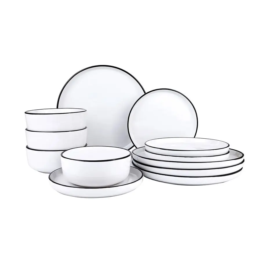 

Набор керамической посуды из 12 предметов, тарелки и миски на 4 персоны, белый набор посуды для кухни, современный дизайн, наборы тарелок с черным декором.