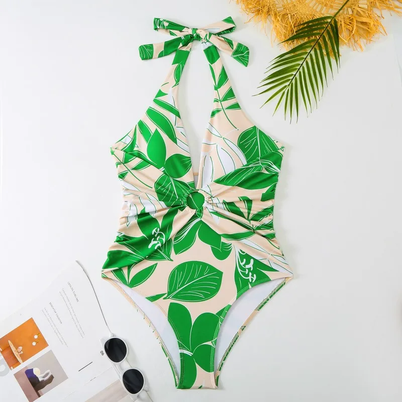 One-piece swimsuit, slim and retro for women, green printed set, chiffon long skirt, new