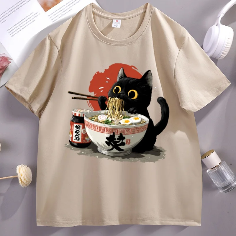 Kawaii Ramen Cat T-Shirt, lustiges grafisches T-Shirt mit asiatischem Foodie-Motiv, für Männer und Frauen, Baumwolle, kurzärmelig, Oneck-T-Shirt, Streetwear, bequeme Oberteile