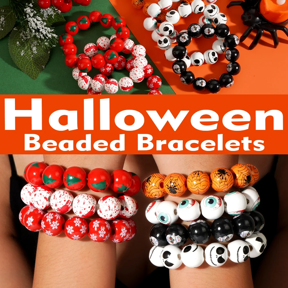 1PC Gothic style Halloween element bottom printed round wooden bead Halloween bead bracelet, celebrating Halloween holiday gift