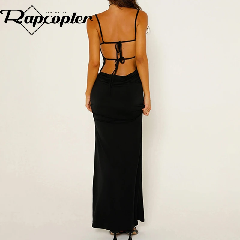 Rapcopter Lace Backless Sexy Long Dress Women Tie Up Spaghetti Strap Party Elegant Sundress Holiday Black Outfits Summer 2024