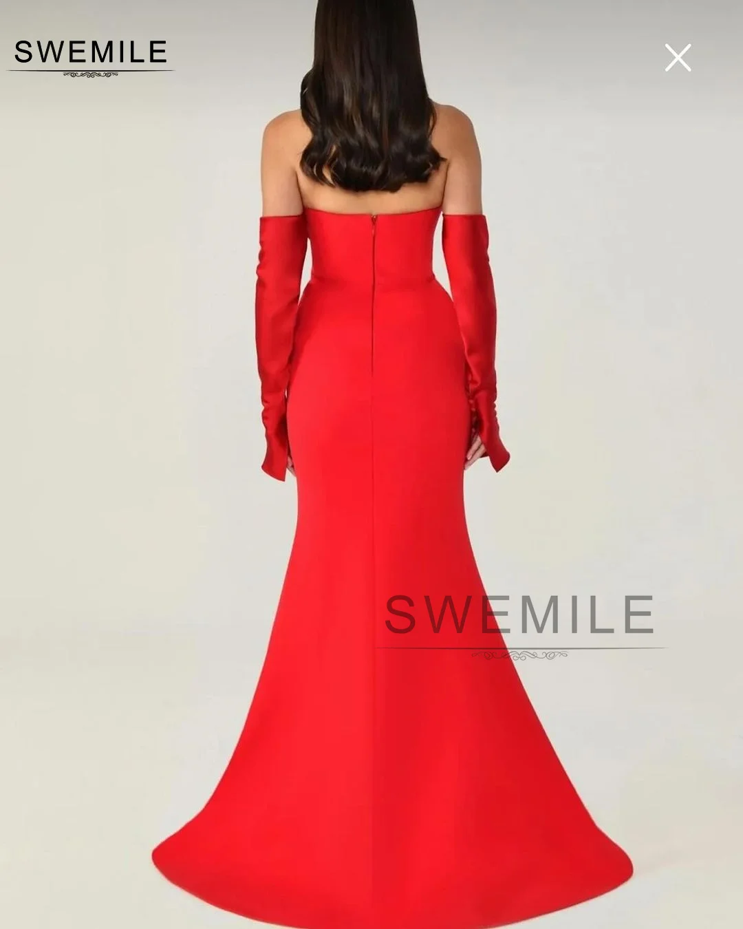 SWEMILE Red Mermaid Strapless Long Sleeves Evening Dress Floor-Length Wedding Party Dress Vestidos Para Eventos Especiales Dress