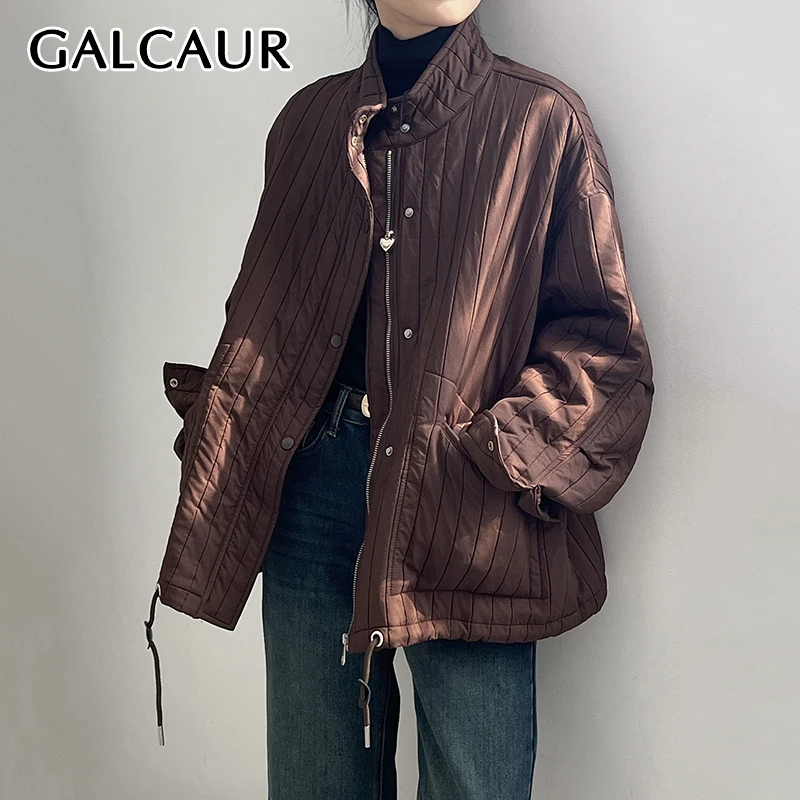 

GALCAUR Solid Spliced Zipper Jackets For Women Lapel Lantern Sleeve Patchwork Single Breasted Casual Down Coat Female Winter New