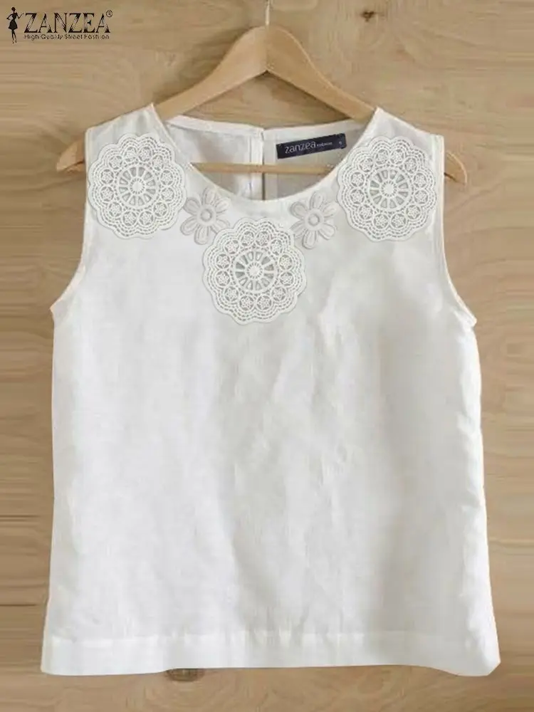 ZANZEA Summer Sleeveless Lace Crochet Blouse Women Fashion Tanks Tops Solid Casual Holiday Beach Shirt Female Cotton Camis Blusa