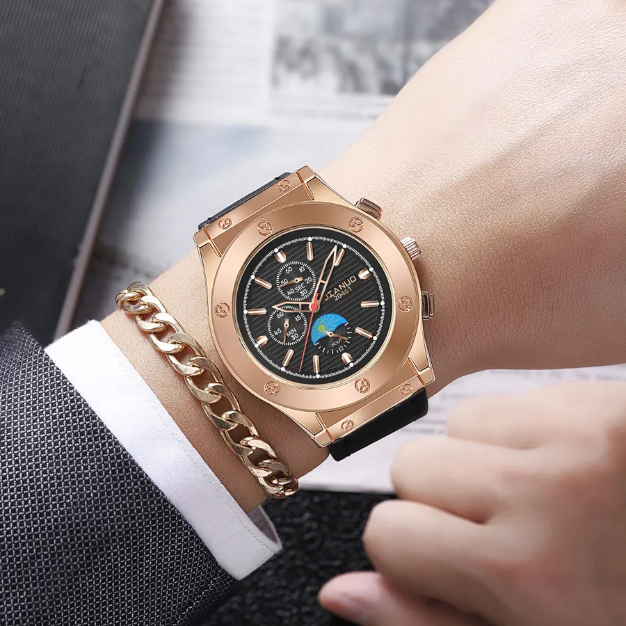 Fashion trend JIANUO brand large dial men\'s leather strap watch casual scale rose gold men\'s quartz watch