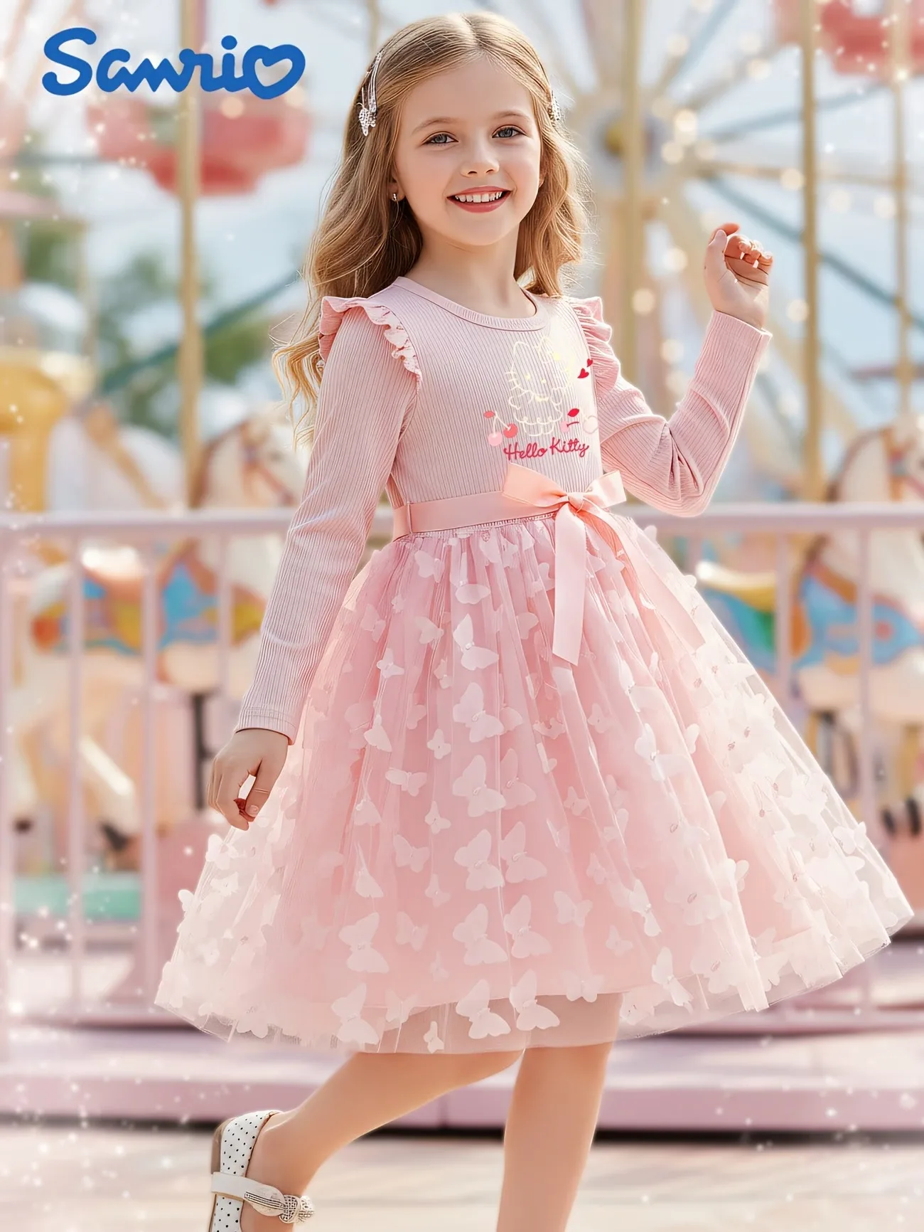 Girls' Hello Kitty Tulle Dress, Long-Sleeve 3D Butterfly Princess Dress for Autumn