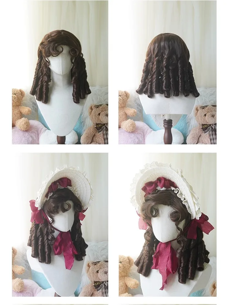 Synthetic Roman Roll Retro Princess Black Brown Golden Short Curly Hair With Bangs Lolita Anime Wig Oberl Woman Party CosplayWig