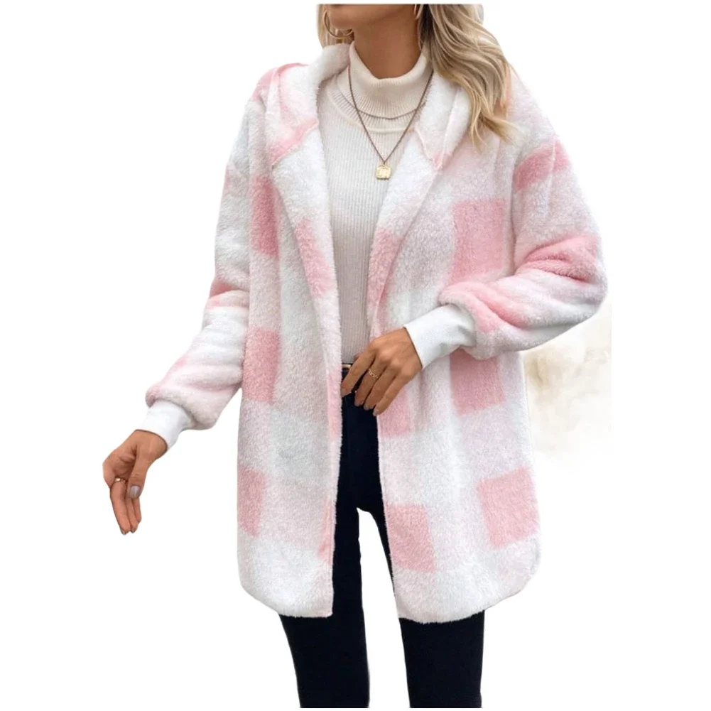 Plaid Fleece Cardigan Outerwear Coat For Women With Hood Long Sleeves Plush Warm Jacket Suitable For Cold Weather