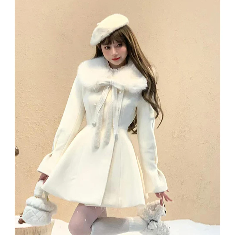 Kawaii Boog Mini Jurk Vrouwen Mode Nepbont Patchwork Jurken Herfst Winter Koreaanse Elegante Lange Mouw Ontwerp Bodycon Vestidos