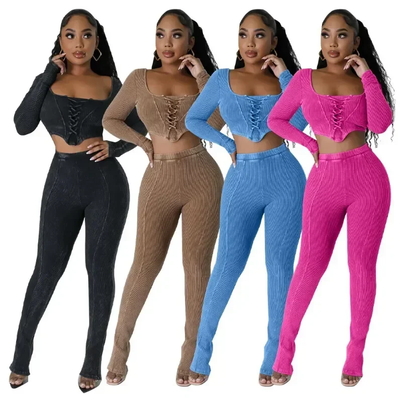 Solid Ribbed Two Piece Set Tracksuits Women Grommet Lace Up Long Sleeve Crop Top High Waist Slim Flare Pants Casual Sports Suits