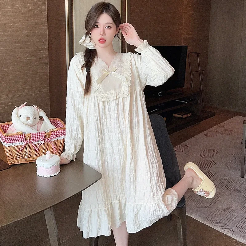 110kg 5XL Plus Size Spring Nightgowns Women Princess Style Sleepdress Ulzzang Baggy Maiden Sweetie Homewear Solid Loose Pajamas