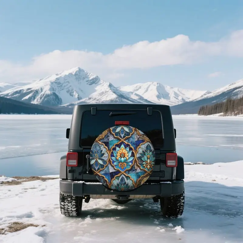 Полиэфирное волокно с орнаментом и цветочным узором, золотая зубчатая граница, синие тона, чехол для запасного колеса |   Декоративный для автофургона, внедорожника, грузовика, кампании