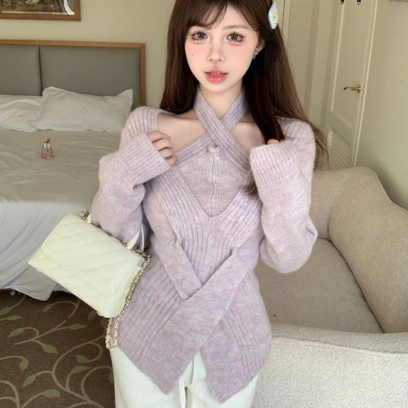 

Solid Color Knitted Sweaters Women Autumn and Winter Long-sleeved Slim Thin Office Lady Pullovers Korean Style Sweet Tops Female