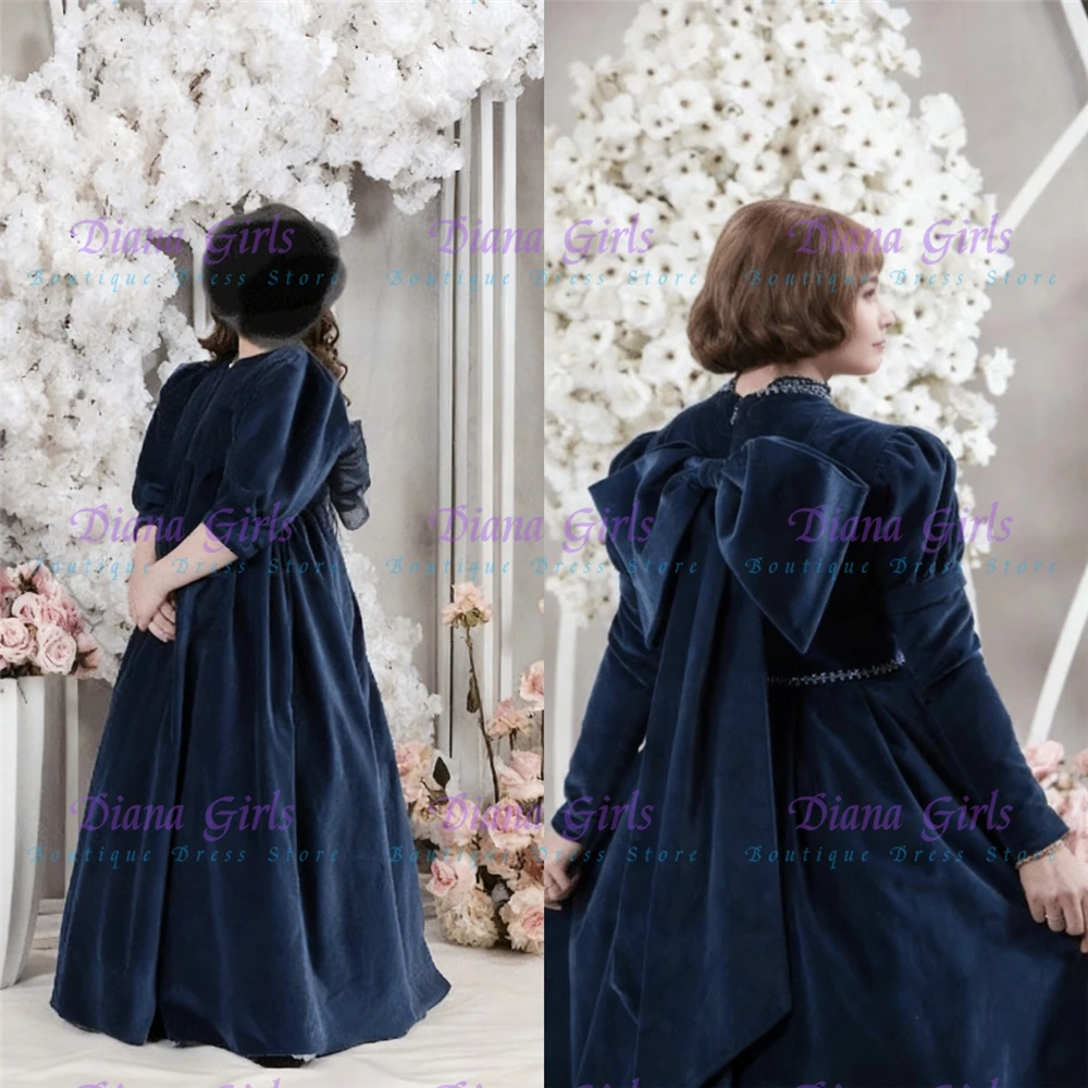 Quality Elegant Flower Girl Dress Navy Blue Velvet Fluffy For Kids Wedding Birthday Party Evening Ball Gowns Customisable