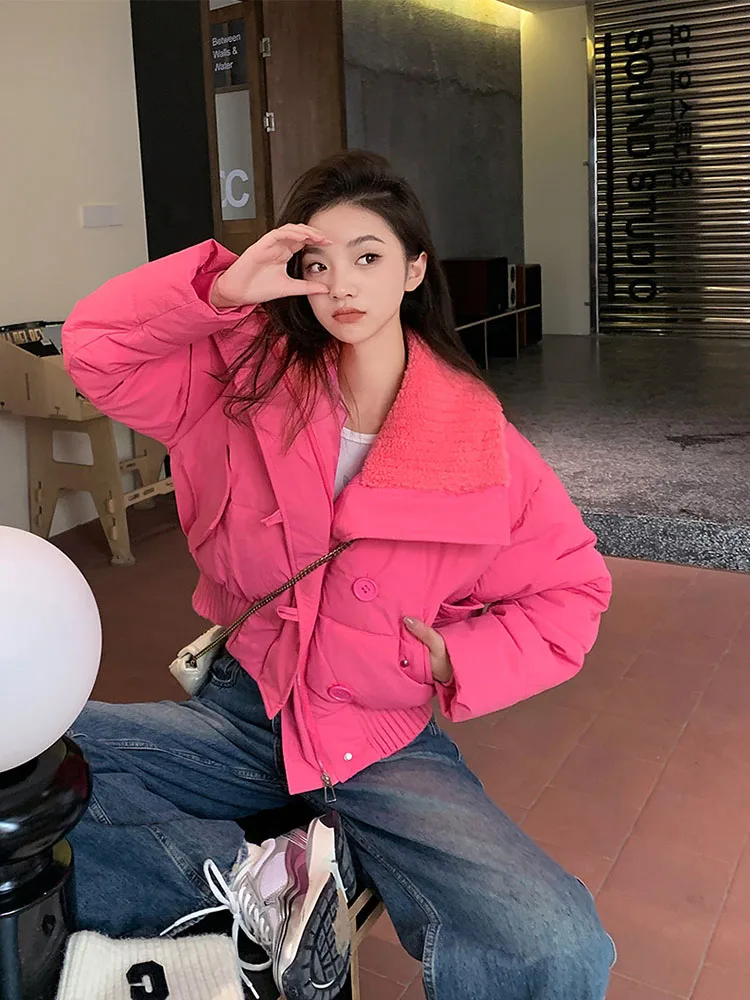 Winter Patchwork Parkas for Women Winter Warm Large Lapel Crop Coats Y2K Korean Sweet Preppy Loose Puffer Outerwear Mujer