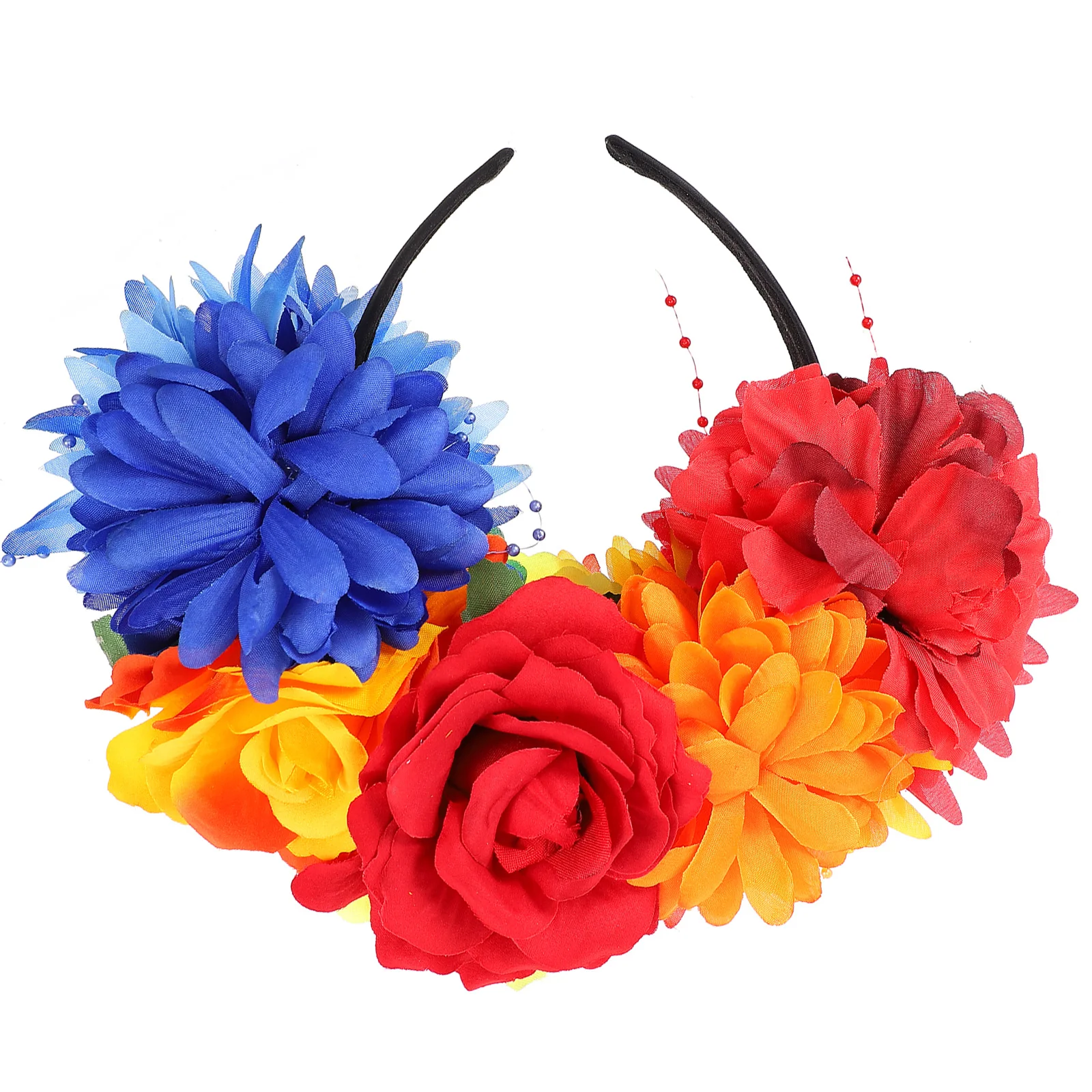 

Flower Crown Headband Rainbow Floral Hair Hoops Deep Red Fabric Flower Leaves Black Metal Waterproof Party Costume Accessory For