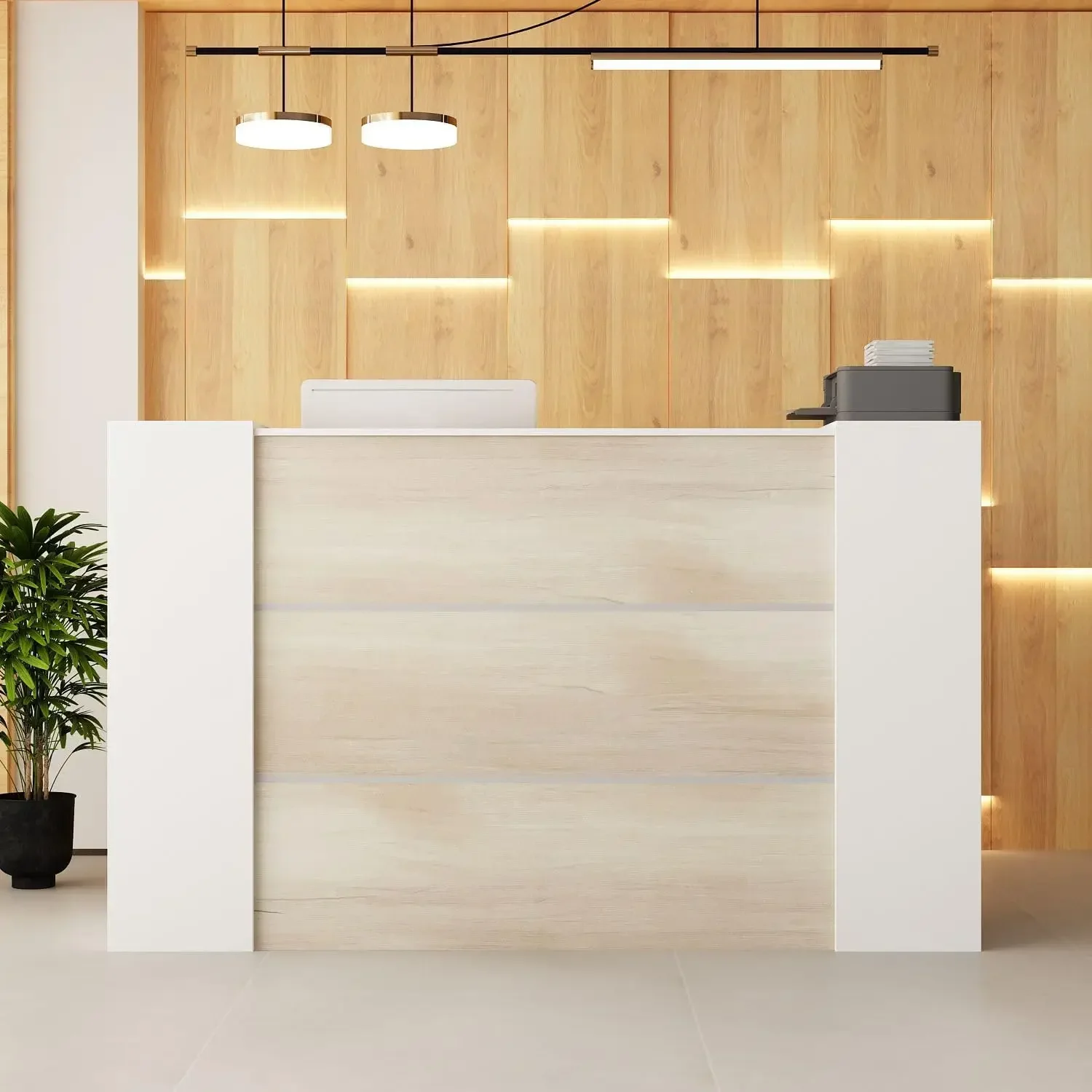 Reception Desk Front Counter Desk with Lockers and Adjustable Shelves, Front Desk Reception Counter for Salon Oak