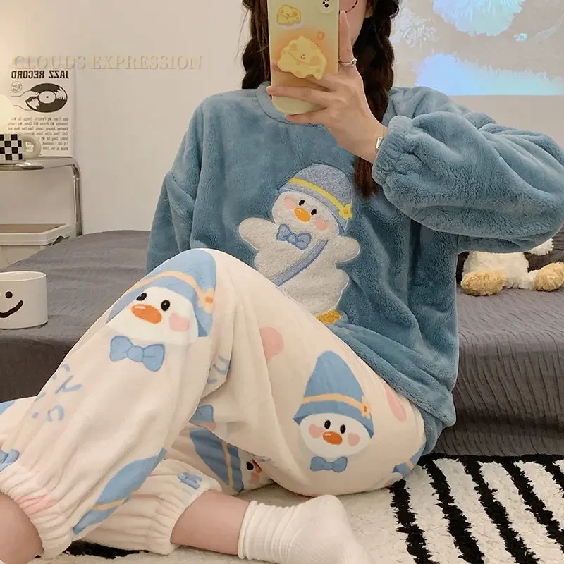 Autumn Flannel Cartoon Duck Print Pajama Sets Women Pyjamas Womens loungewear Pijama Mujer Homewear Girls Nightwear Lounge Suits