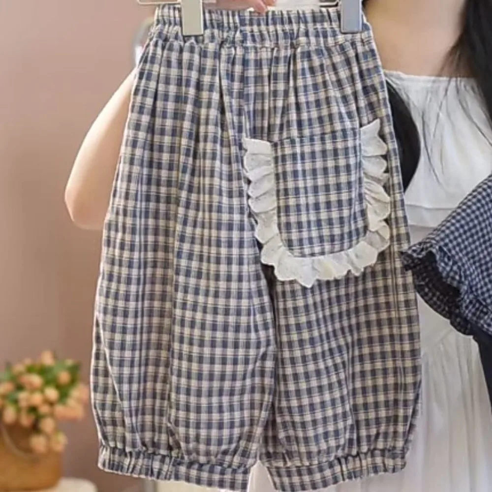 Корейская версия, модный клетчатый костюм с воротником, топ без рукавов и брюки-фонарики с карманами, комплект из двух предметов для одежды для девочек