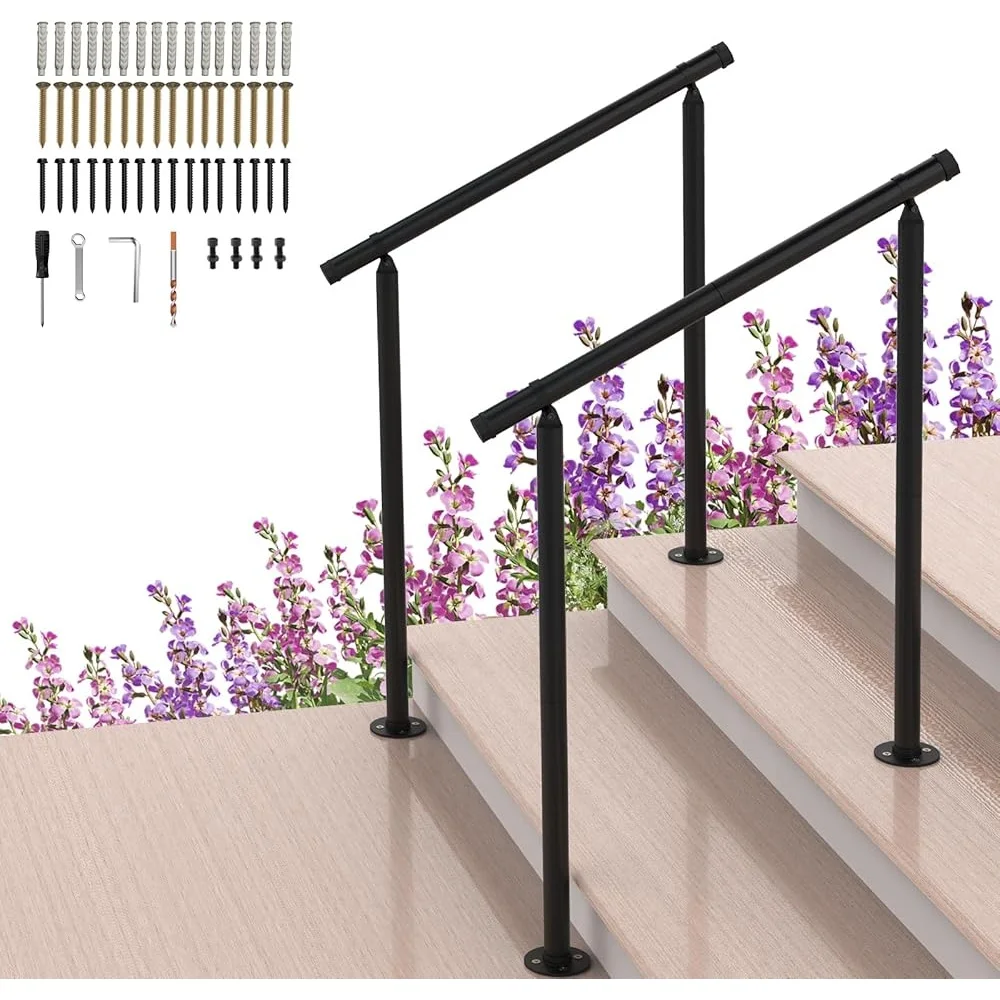 2 Pack Metal Handrails Outdoor Steps Adjustable Wrought Iron Stair Railing 2 to 3 Step Handrail Installation Kit Durable Support