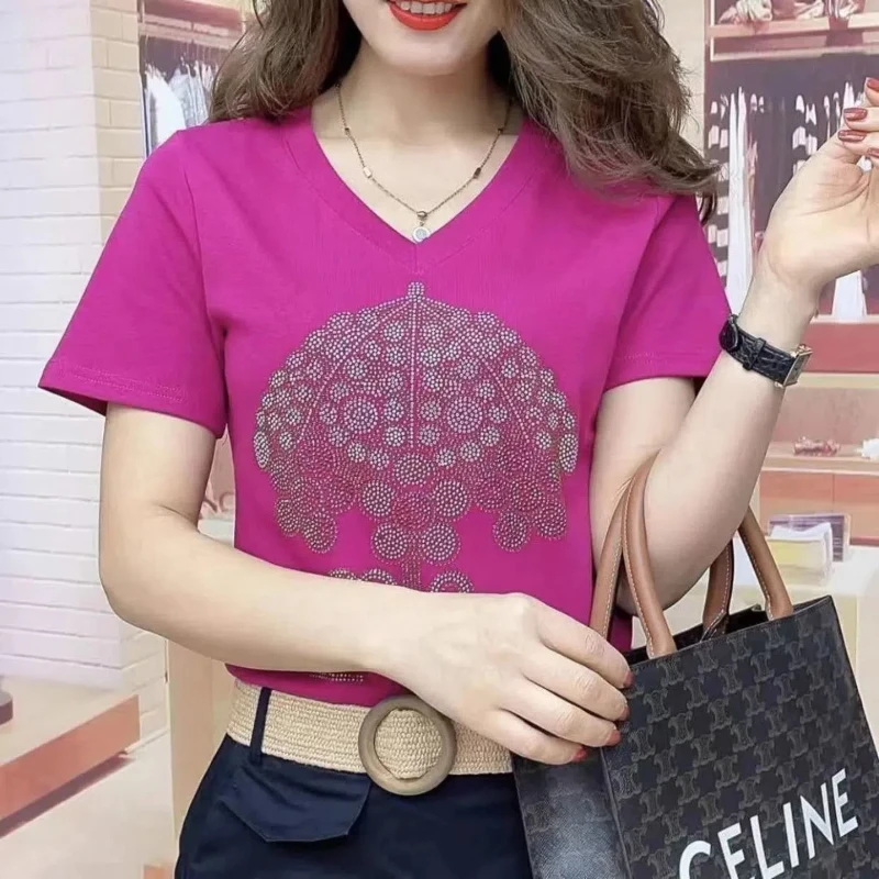 Women's Clothing Solid Color Summer Rhinestone Geometric Short Sleeve Round Neck T-shirt Pullover Casual Loose All-match Tops