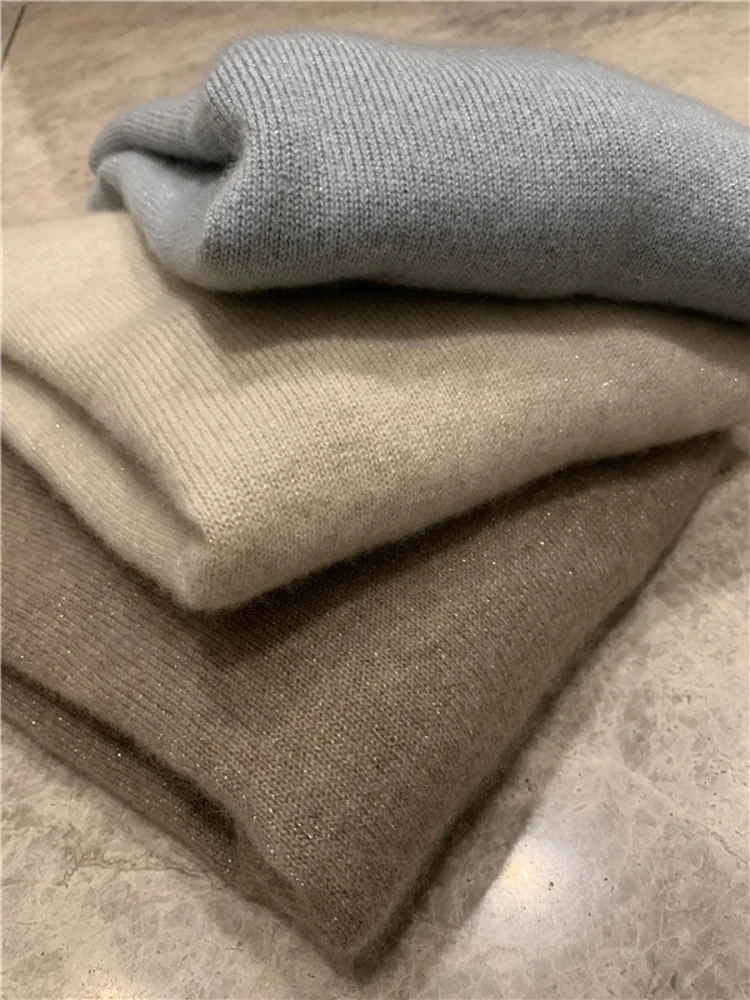 Fall Winter Short Knitted Cashmere Sweater Women's High Collar Shiny Thread Base Layer Light Maturity Commute Style Loose Fit