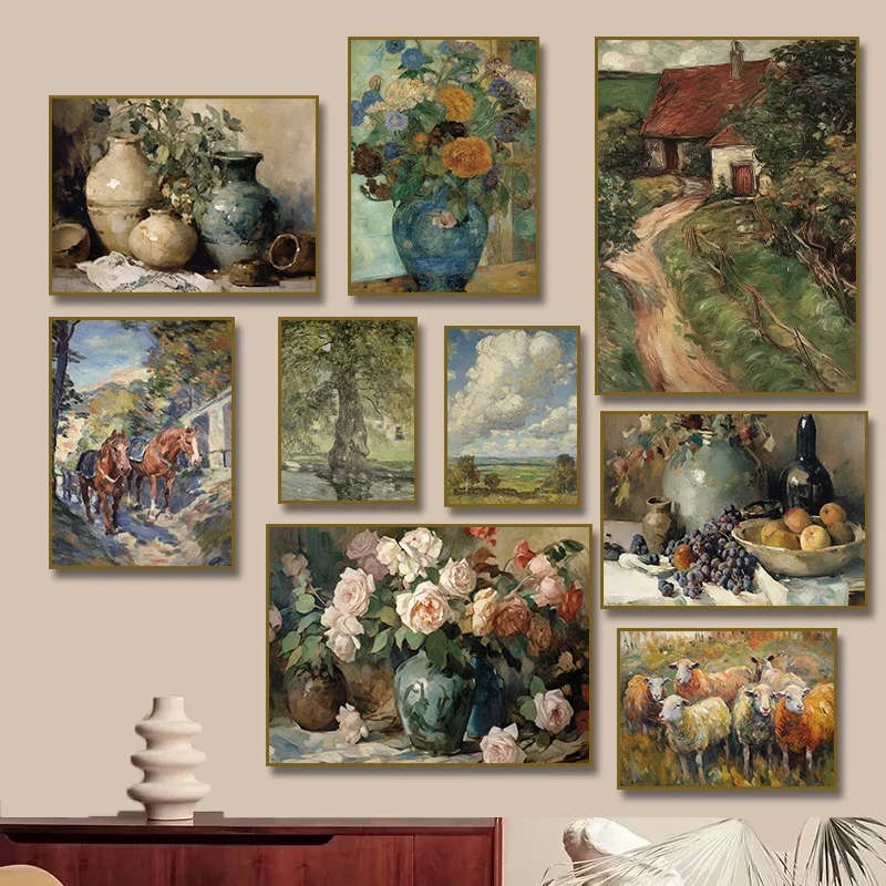 1pc frameless Canvas Painting Vintage Still Life Flowers Fruits Vase Sheep Horse Poster Prints Antique Countryside Landscape Can