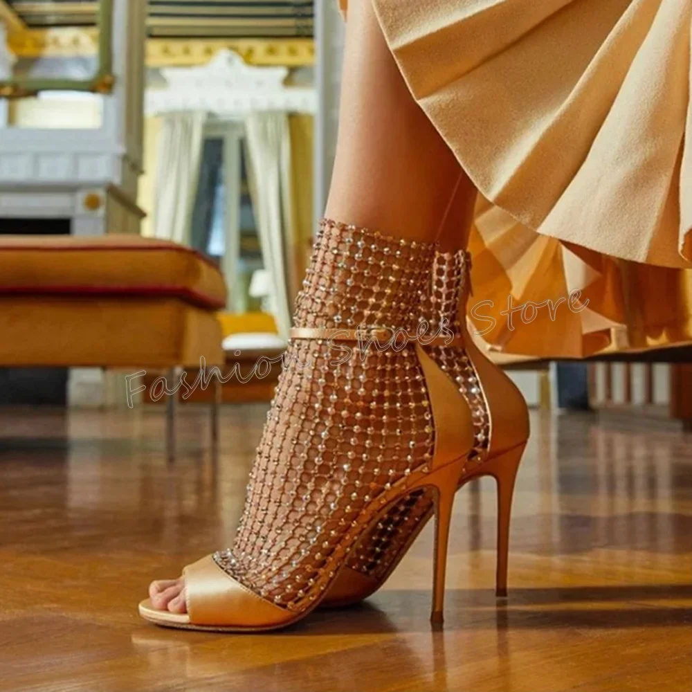 

Gold Mesh Crystal Back Zipper Sandals Boots Open Toe Thin High Heels High Heel Shoes for Women Heels 2025 New Zapatos Para Mujer