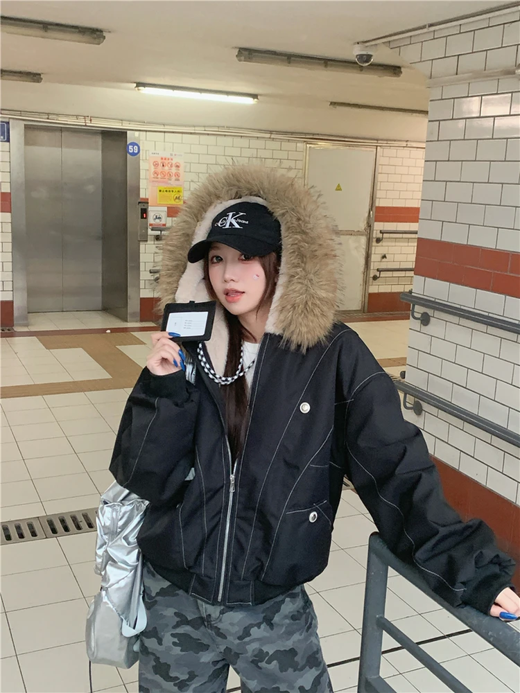 

Американская ретро-куртка женская утепленная на флисовой подкладке из хлопка, зимнее теплое пальто на молнии, однотонное.