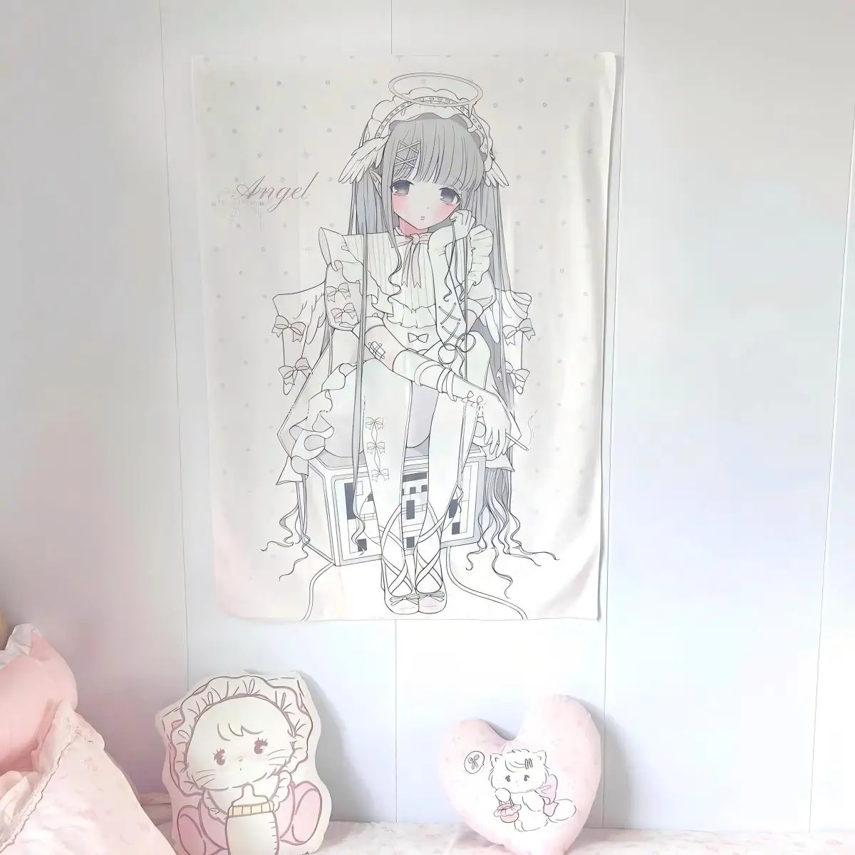 VIKAMA Sketch Angel Lolita Girl Wall Tapestry Pink Polka Dot Wall Hanging Soft Line Art Print Dorm Bedroom Aesthetic Decor