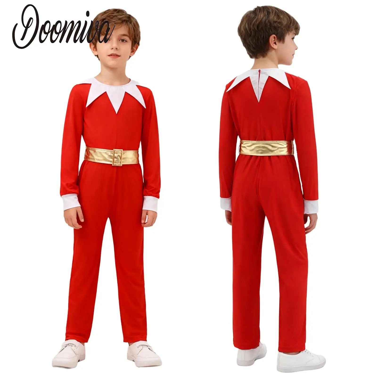 

Boys Girls Christmas Santa Claus Costume Elf Outfit Long Sleeve Zipper Jumpsuit with Waistbelt for Festival Cosplay Parties