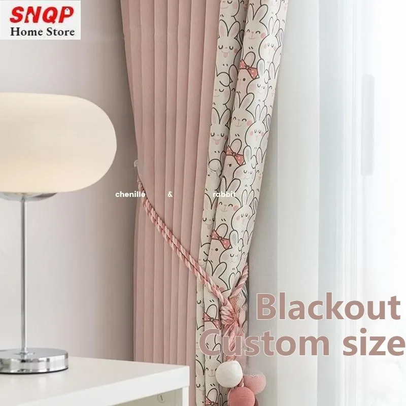 Custom Size Pink Cartoon Print Rabbit Luxury Chenille Curtains for Living Room Bedroom Dining Fashion Modern White Tulle Decor