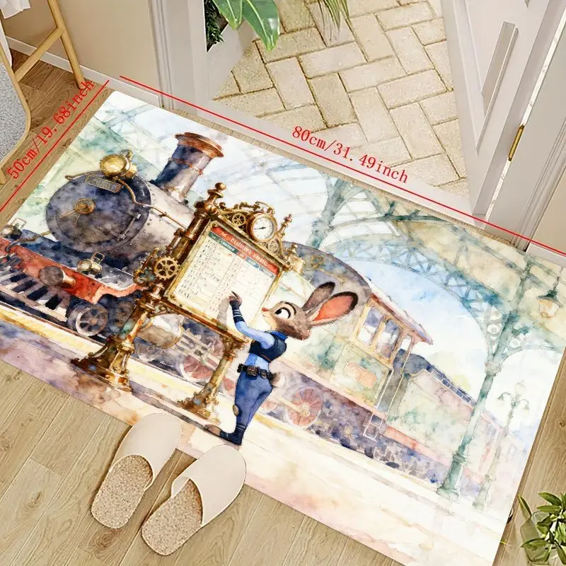 

1 шт. Zootopia Judy Hopps полицейский напольный коврик с мультяшным кроликом, винтажный поезд, паровой поезд, акварельный художественный коврик, нескользящая стирка