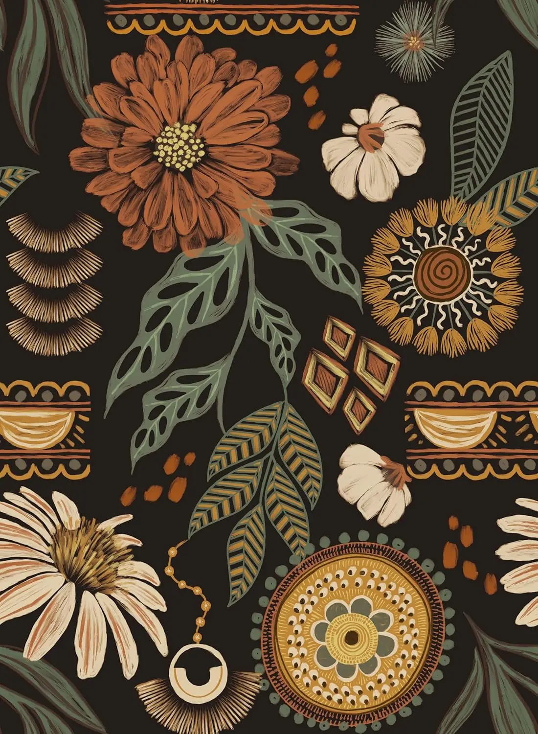 Boho Wallpaper Peel and Stick Sun Floral Retro Removable Contact Paper Dark Botanical Flowers Self Adhesive Wall Mural for Decor