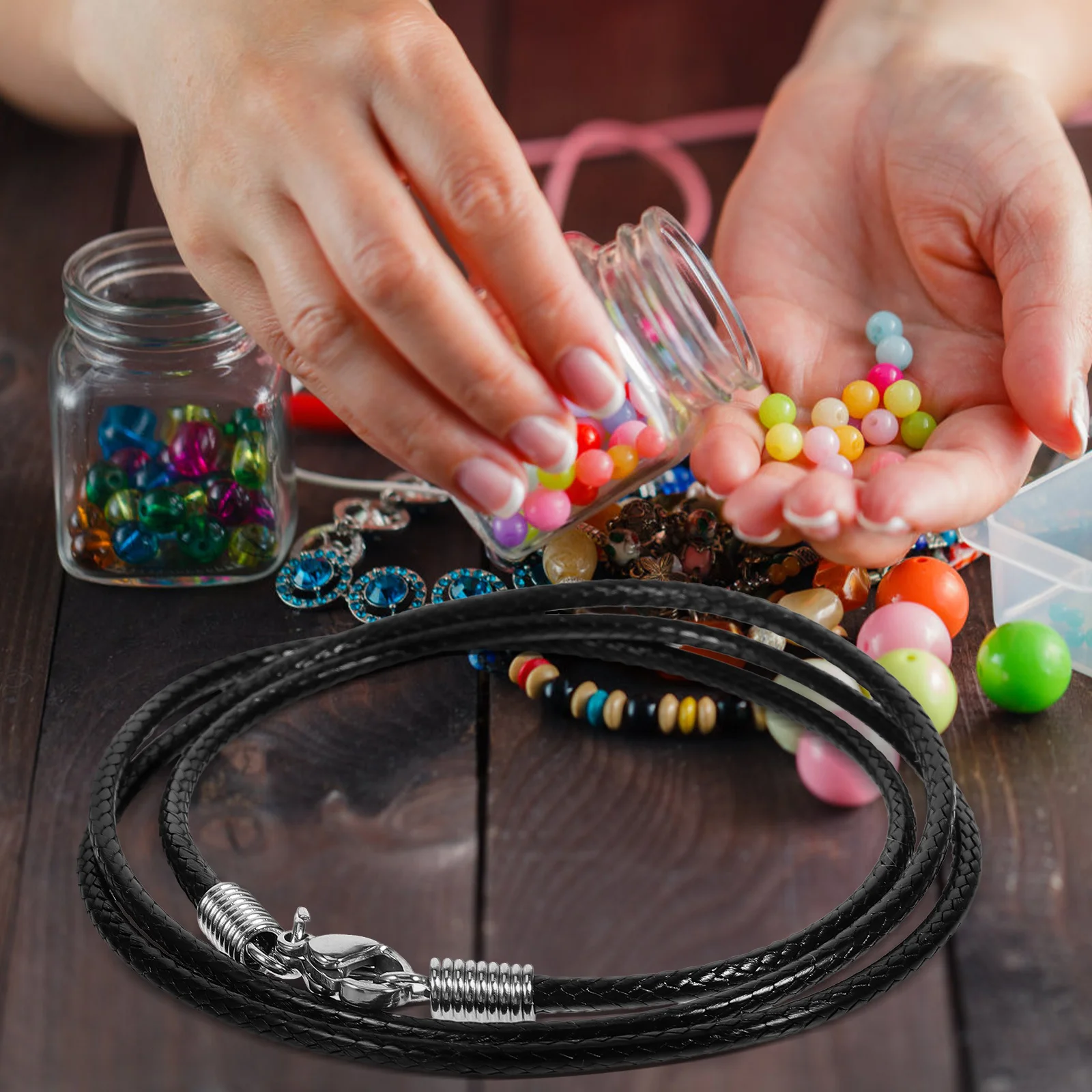 

Black 2mm 50cm Necklace Cord Wax Rope for Pendant DIY Supplies Stainless Steel Clasp Men Women Black Necklace Cord