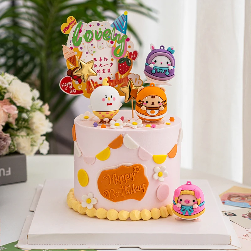 

Baby Birthday Party Cartoon Animal Cake Topper Decoration Tiger Piggy Rabbit Doll Photo Frame Dessert Children's Baking Supplies