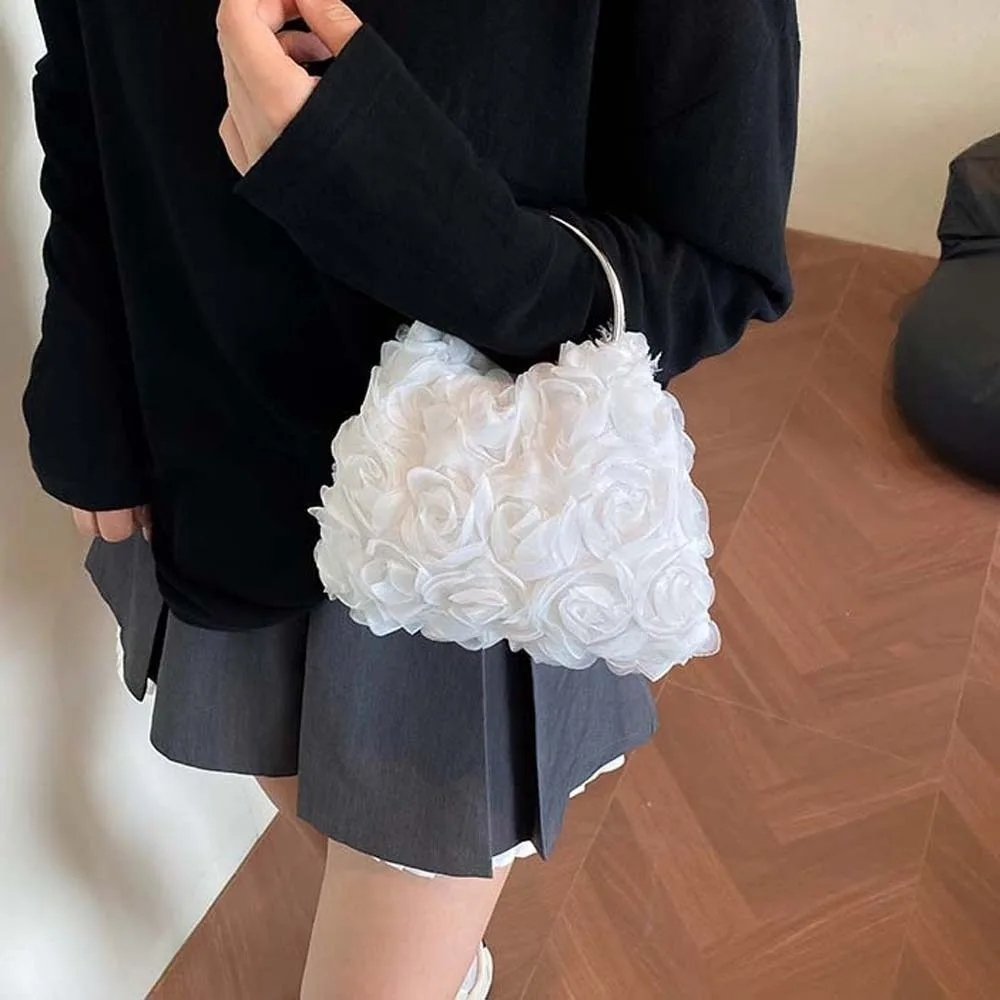 Versatile Mesh Rose Clutch Bag Large Capacity Magnetic Button Lady Hand-held Purse Polyester Multi-function