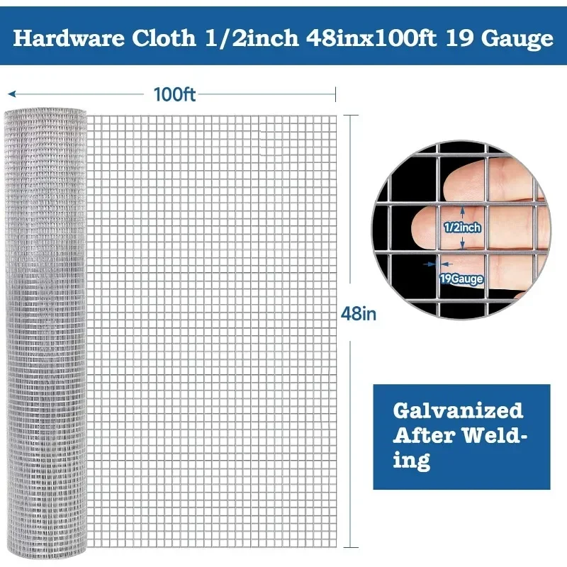 GARDEN & HOME Hardware Cloth 1/2 inch 48inx100ft Galvanized After Welding 19 Gauge Square Chicken Wire Fence Mesh Roll Raised