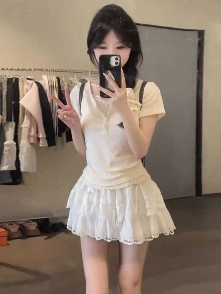 

Ballet Sle Sweet BM Floral ort Sve T-irt Set Size Cake ort Skirt Summer Faion Women's Ensemble V Ne
