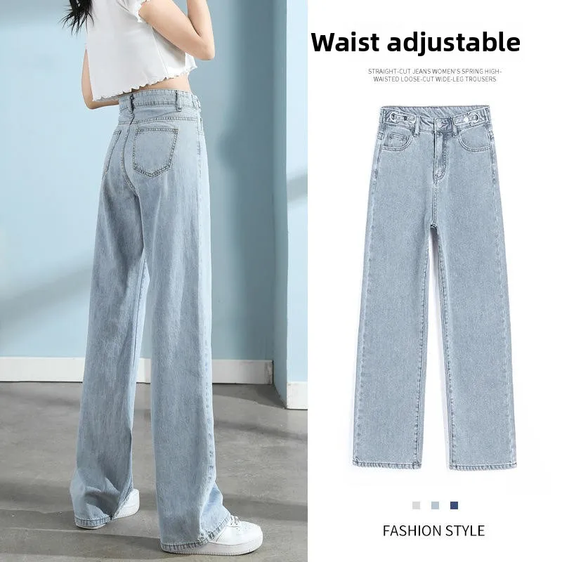 

Adjustable Waist High Waist Wide Leg Jeans Women's Spring Korean Style Slimming Long Pants Straight Cut Loose Fit Trousers