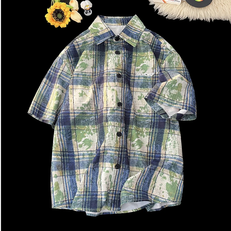 Plaid Ice Feel Tie Dye Short Sleeve Shirt Men Women Casual Loose Plus Size Shirt Thin Fabtic Pink Blue Green Clothes