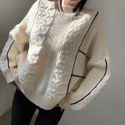 Round Neck Midi Knitted Pullovers Women Fall Winter Korean Loose Striped Long Sleeve Sweaters Top 2 Colors