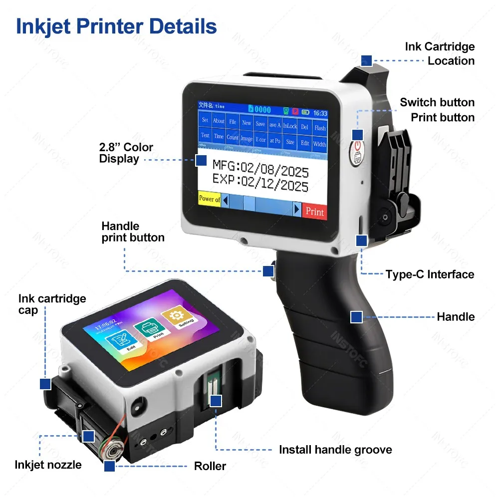 طابعة نفث الحبر المحمولة الصغيرة بارتفاع 2-12.7 مم نص الطباعة، التاريخ/الوقت، العداد، طباعة الشعار مناسبة للنسيج الخشبي البلاستيكي #6