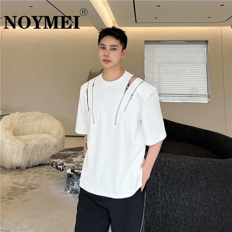 NOYMEI 2024 Summer New Trendy Personalized Multi Zipper Decorative Design Niche Casual T-shirt Shoulder Pad Male Top WA3883