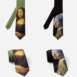 Fashion Mona Lisa Art Print Tie Men 8CM Polyester Slim Business Formal Tie Novelty Trend Party Dating Shirt Matching Tie